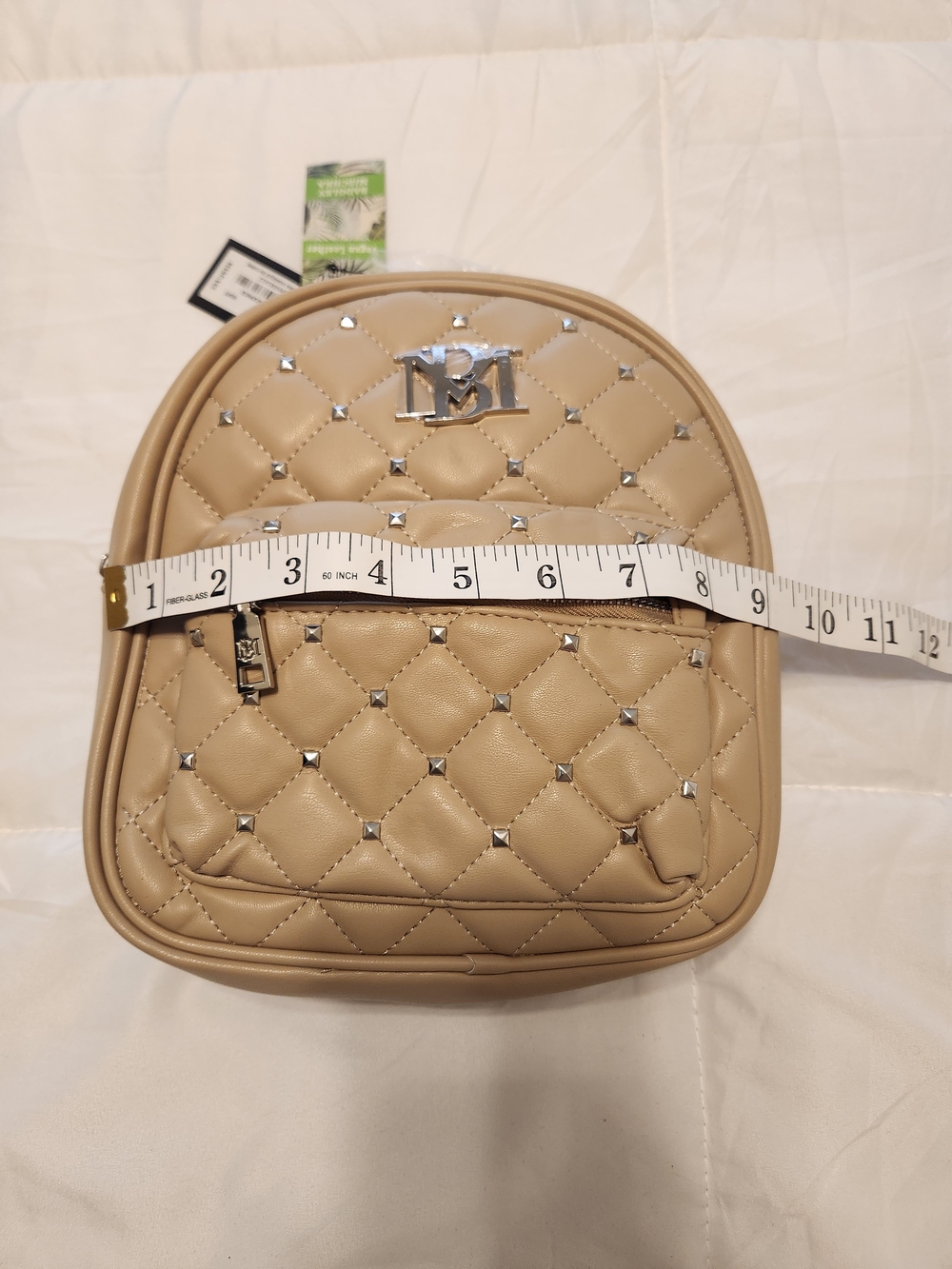 Badgley Mischka Beige Quilted Mini Backpack with Silver Studs